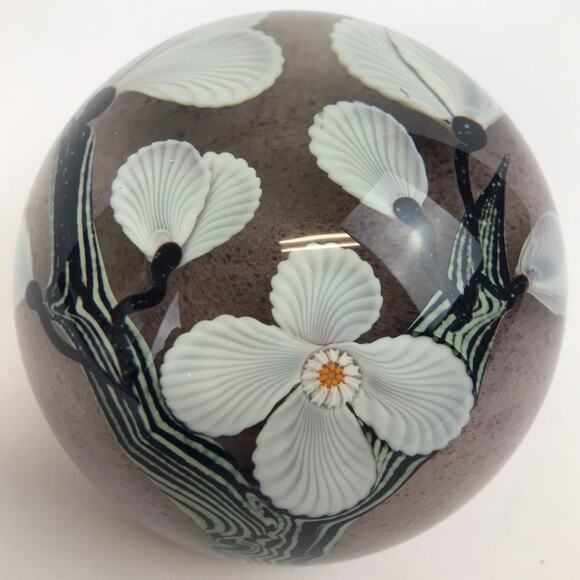 Orient & Flume White Flower on Branches Lampwork 1981 Paperweight Signed Sillars - Picture 3 of 16